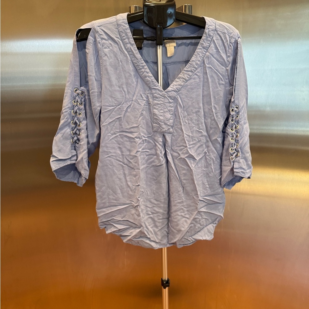 Chico's Sky Blue V-Neck Blouse with Lace-Up Detail